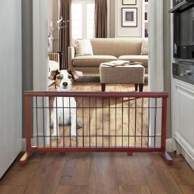 Wooden dog gate; free standing wire mesh pet gate; expandable; MAHOGANY