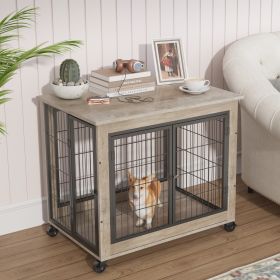 Furniture Style Dog Crate Side Table on Wheels with Double Doors and Lift Top. (Grey; 31.50''W*22.05''D*25''H)