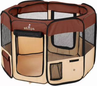 Zampa Portable Foldable Pet playpen Exercise Pen Kennel + Carrying Case (Color: Brown, size: Large (61"x61"x30"))