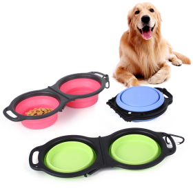 Rubber Folding Double Bowl Portable Pet Feeding Watering Bowl Outdoor Dog Food Bowl Cat Folding Food Multicolor Utensils (Color: Green)